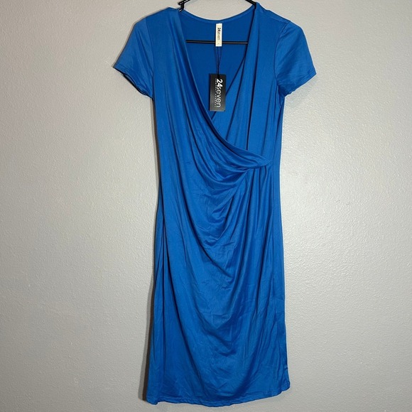 24seven Comfort Apparel Blue Midi Dress Short Sleeve Wrap Front S - Picture 1 of 5